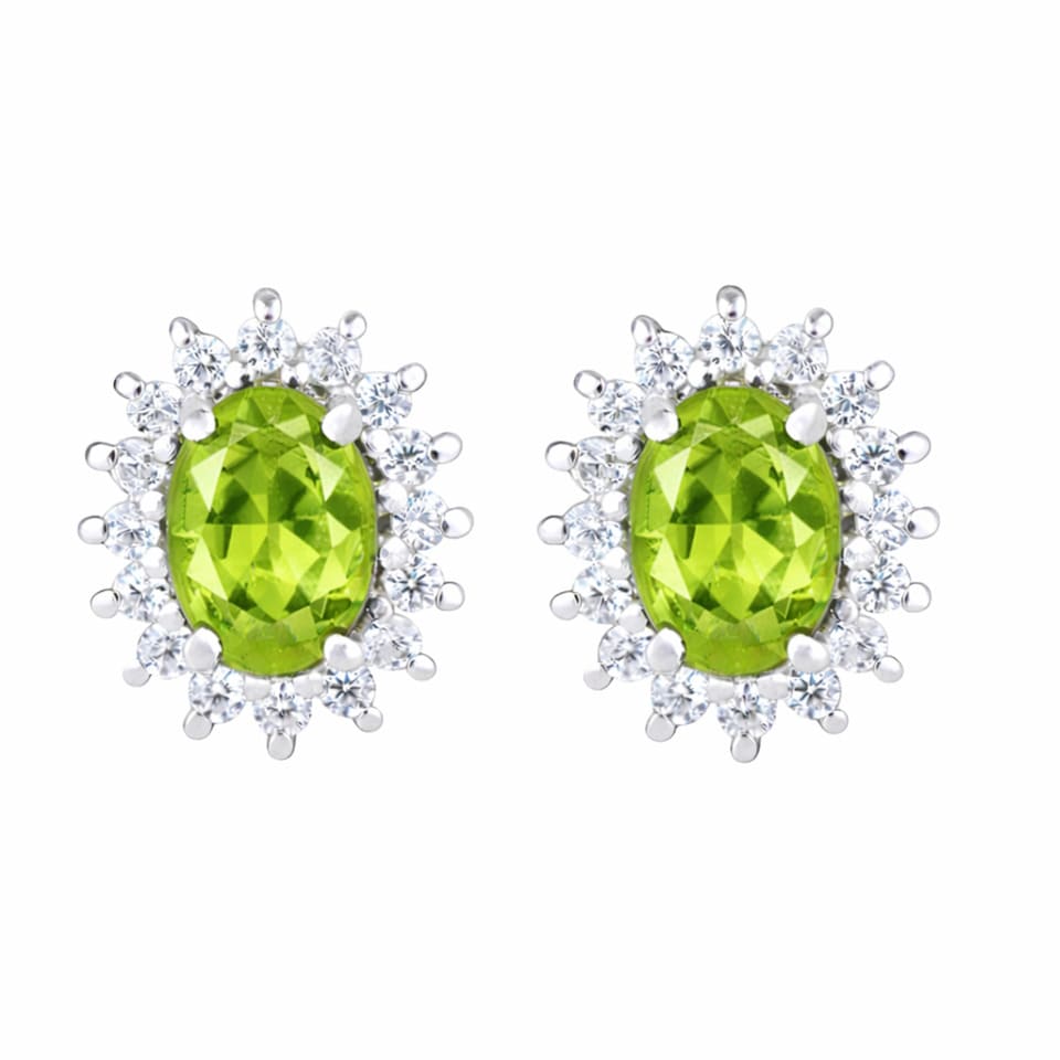 Classic Peridot & Zircon Halo Stud Earrings, 925 Sterling Silver Jewellery