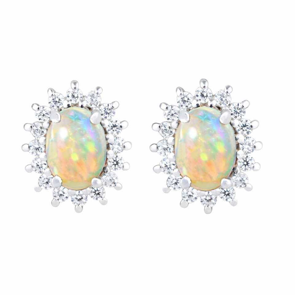 Ethiopian Opal Stud Earrings for Women, 925 Sterling Silver Halo Earrings, Oval Fire Opal & Zircon Cluster Jewellery