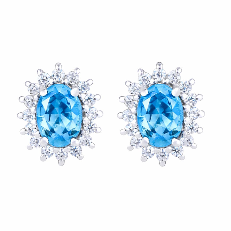 Elegant Blue Topaz Halo Stud Earrings for Women, 925 Sterling Silver Oval Gemstone & Zircon Cluster Jewellery