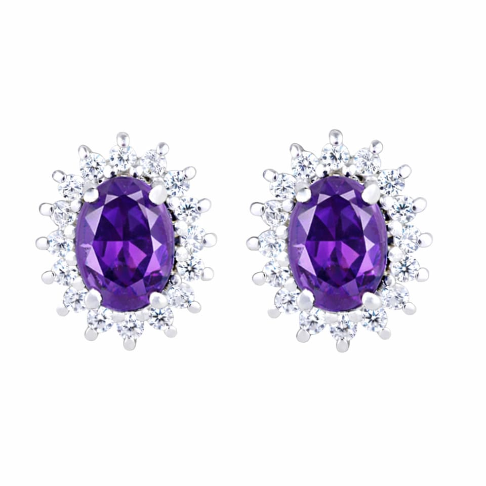 925 Sterling Silver Amethyst Stud Earrings, Oval Halo Zircon Cluster Earrings