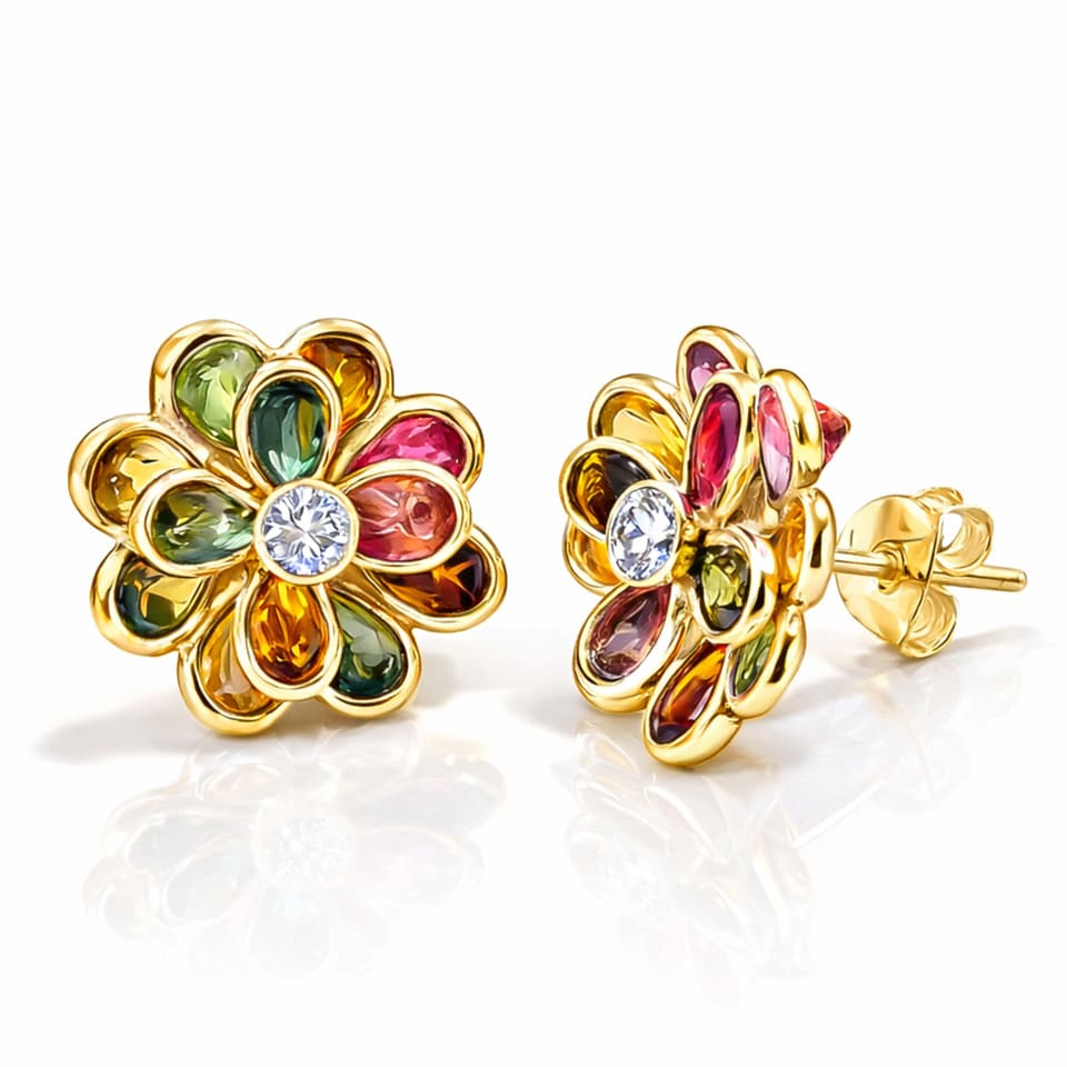 Multi Tourmaline Flower Stud Earrings in 14K Gold Plated