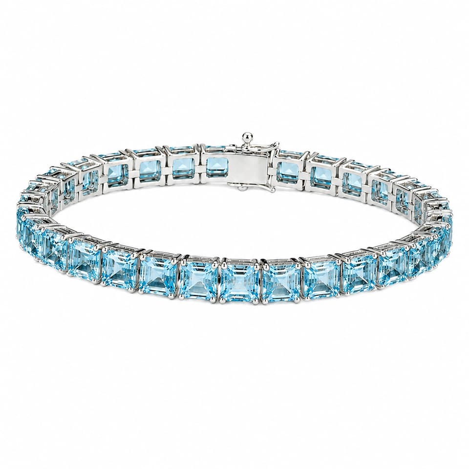 Square Cut Blue Topaz Bracelet Handmade Silver Tennis Stack Jewelry
