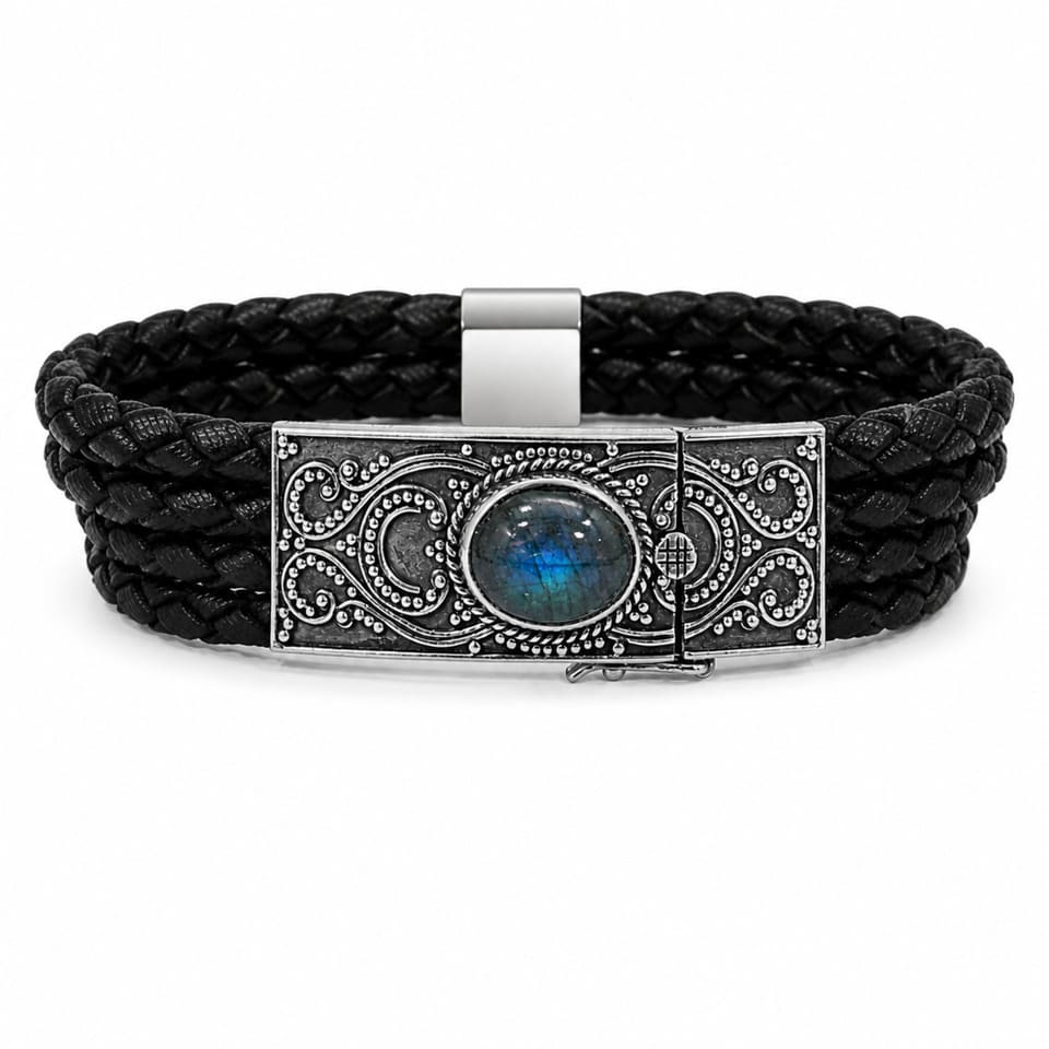 Labradorite Leather Bracelet Handmade Braided Statement Unisex Jewelry