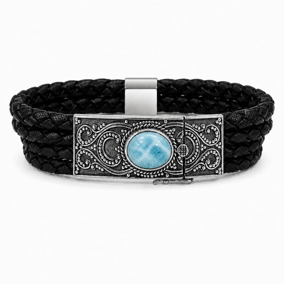 Ocean Blue Leather Bracelet Handmade Braided Boho Unisex Jewelry