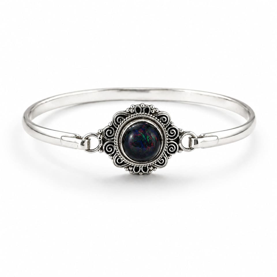 Black Opal Cuff Bracelet Handmade Silver Boho Statement Wrist Jewelry