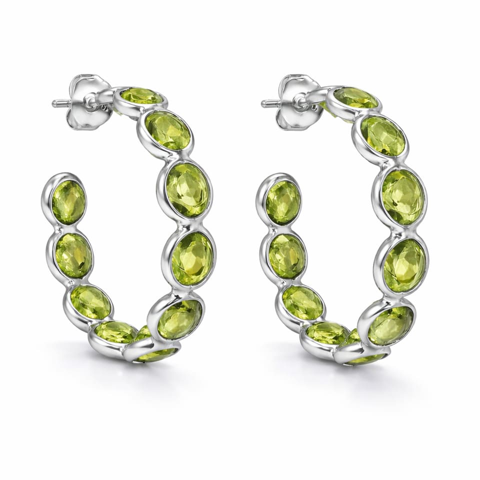 Natural Peridot Hoop Earrings 925 Sterling Silver, Oval Green Gemstone Hoop Earrings for Women