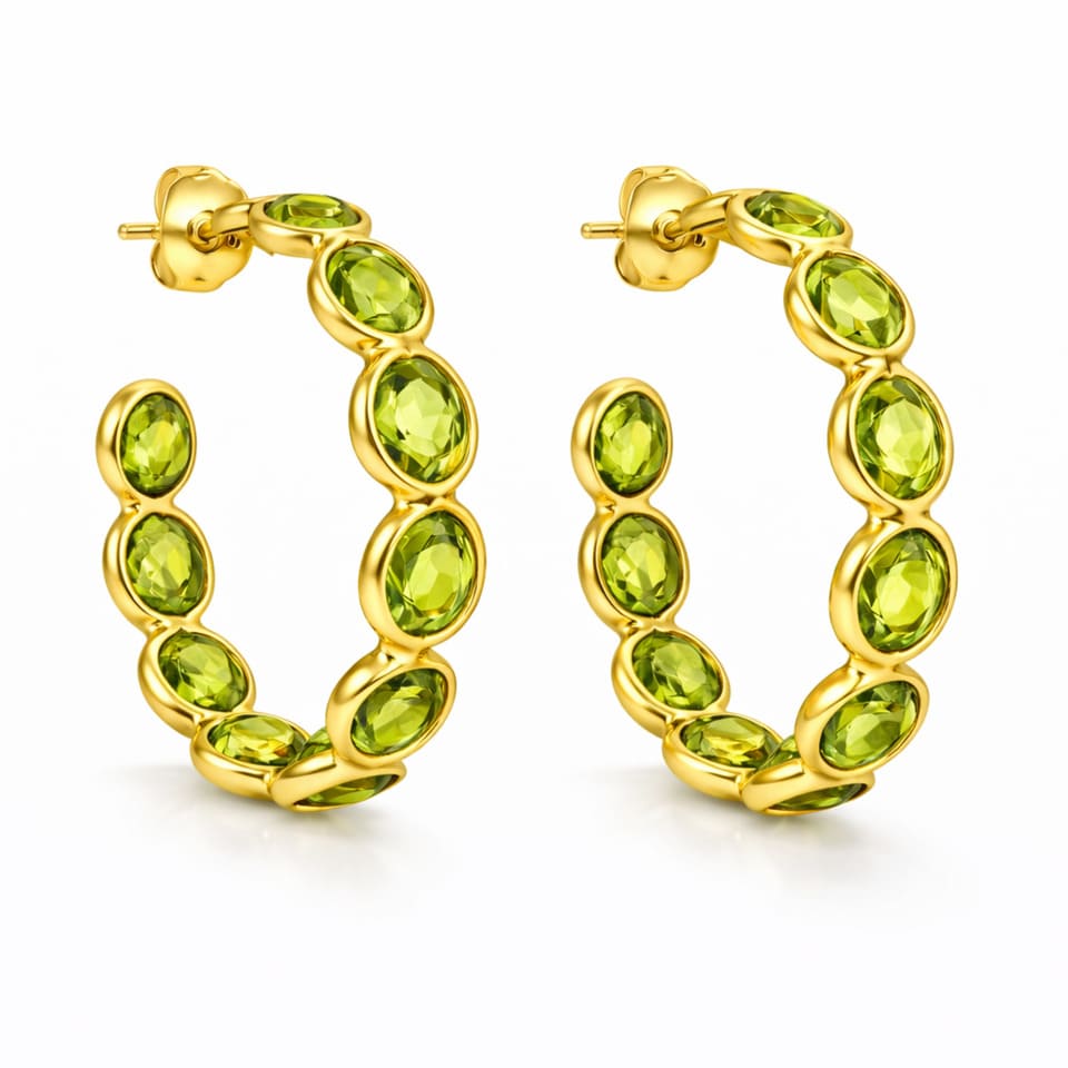 Elegant Peridot Hoop Earrings for Women, 14K Gold Plated Silver Oval Green Gemstone Jewellery