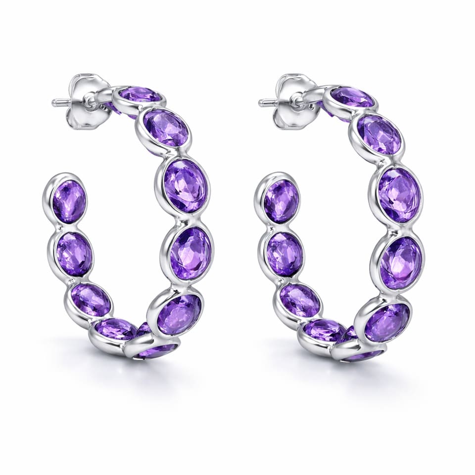 Amethyst Hoop Earrings 925 Sterling Silver, Handmade Oval Purple Gemstone Earrings for Women