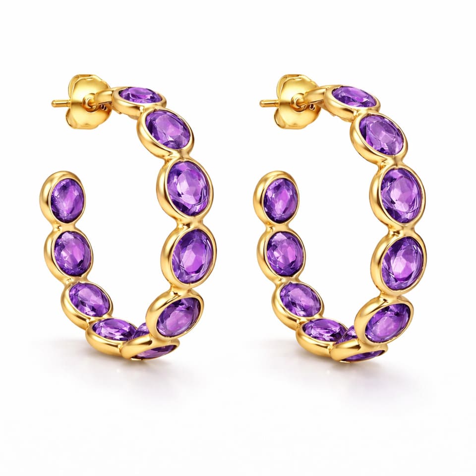 14K Gold Plated Silver Amethyst Hoop Earrings, Oval Gemstone Statement Earrings