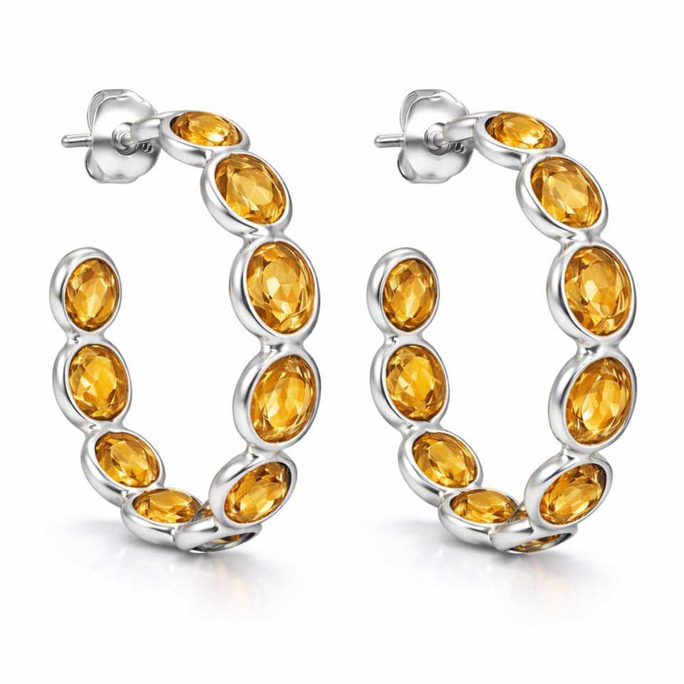 Elegant Citrine Hoop Earrings for Women, 925 Sterling Silver Oval Golden Gemstone Jewellery