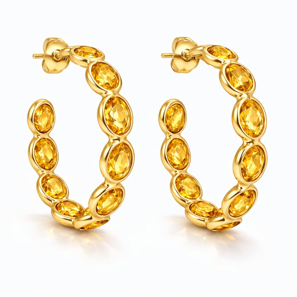 Natural Citrine Hoop Earrings 14K Gold Plated Silver, Oval Golden Yellow Gemstone Hoop Earrings for Women