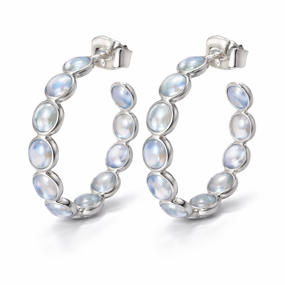 Moonstone Hoop Earrings 925 Sterling Silver, Handmade Oval Rainbow Gemstone Earrings for Women