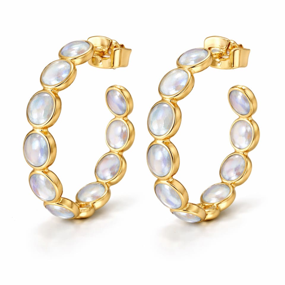 Elegant Rainbow Moonstone Hoop Earrings for Women, 14K Gold Plated Silver Gemstone Jewellery