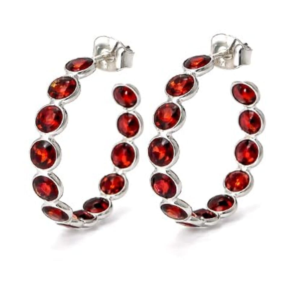 Garnet Hoop Earrings 925 Sterling Silver, Handmade Oval Red Gemstone Earrings for Women