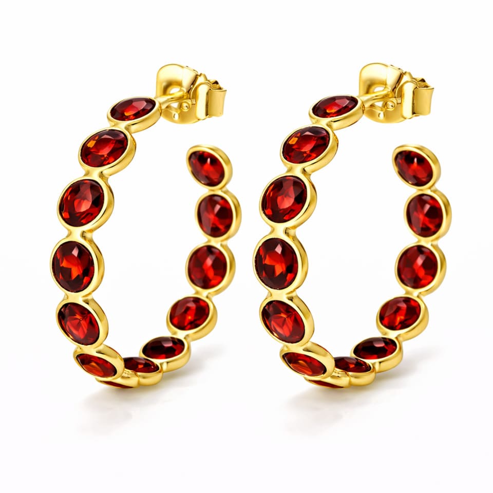 Garnet Gold Hoop Earrings for Women, 14K Gold Plated Silver Oval Red Gemstone Hoops