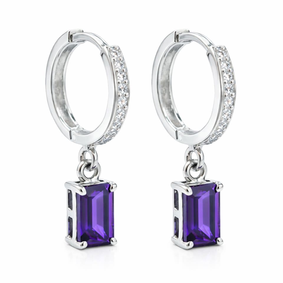 Luxury Amethyst Drop Hoop Earrings, Emerald Cut Purple Gemstone Sterling Silver Huggies