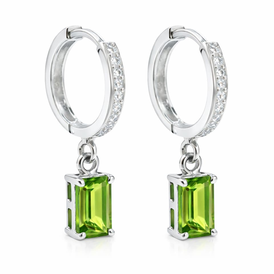 Peridot Huggie Hoop Earrings for Women 925 Sterling Silver, Emerald Cut Green Gemstone Drop Jewellery