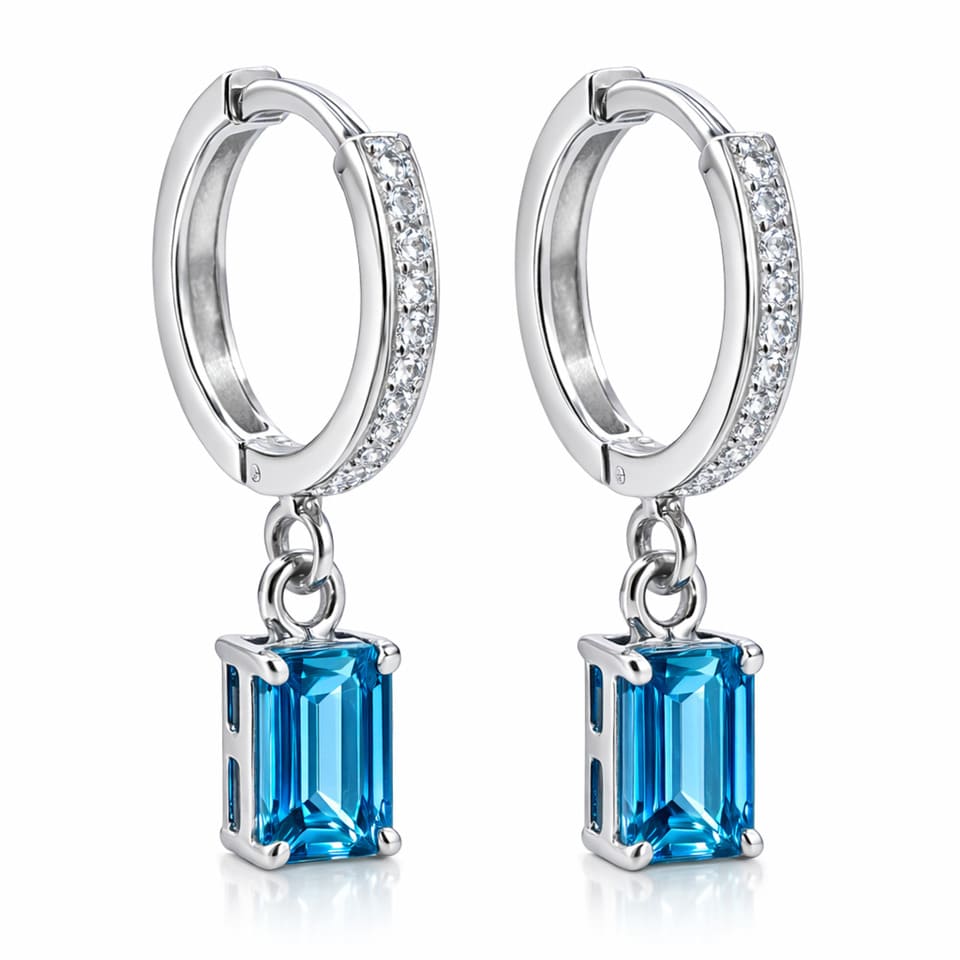 Luxury Swiss Blue Topaz Drop Hoop Earrings, Emerald Cut Blue Gemstone Sterling Silver Huggies