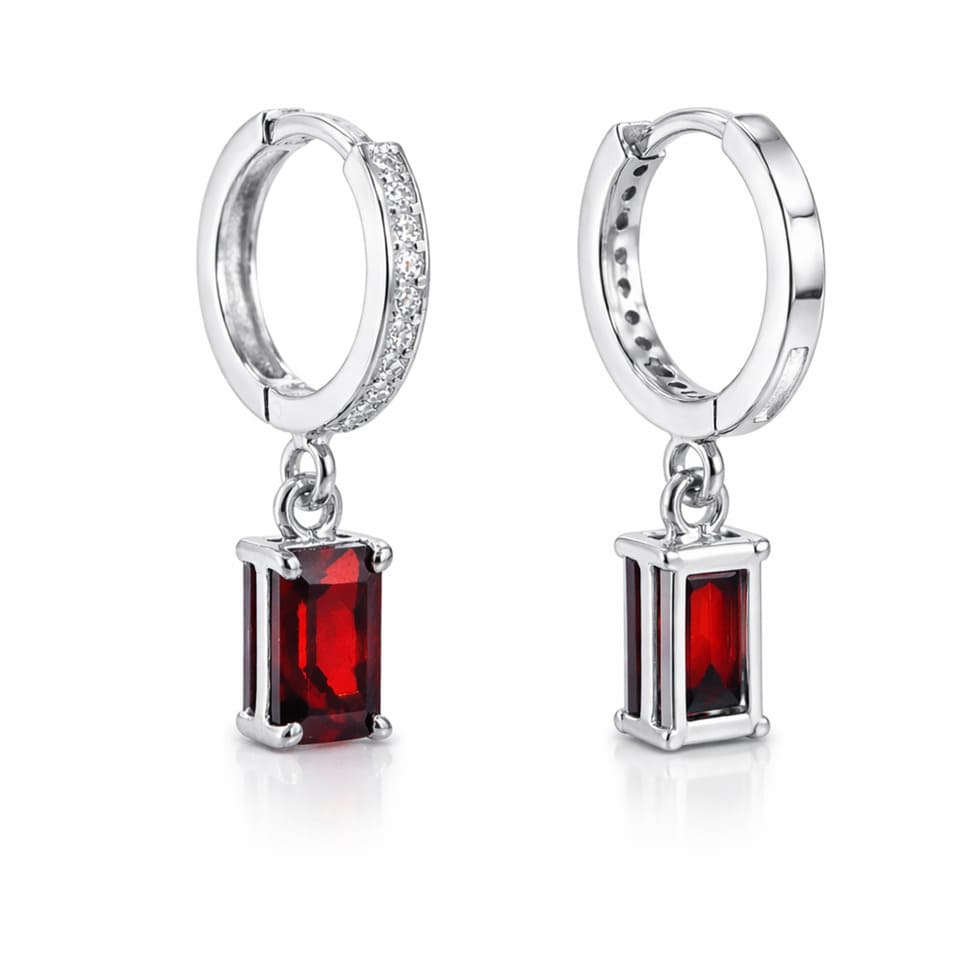 Garnet Huggie Hoop Earrings with Emerald Cut Gemstone, 925 Sterling Silver Jewellery