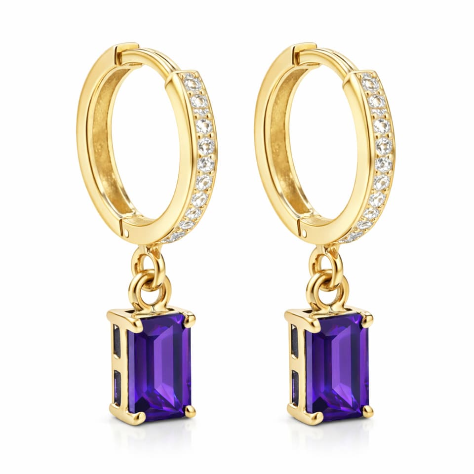 Amethyst Drop Hoop Earrings for Women 14K Gold Plated 925 Sterling Silver, Emerald Cut Purple Gemstone Dangle Huggie Earrings with CZ Accents