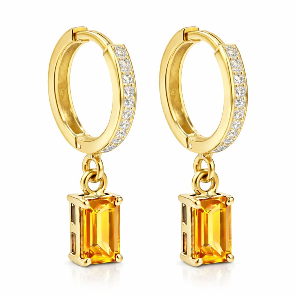 14K Gold Plated Citrine Drop Hoop Earrings, Yellow Gemstone Huggie Earrings for Women