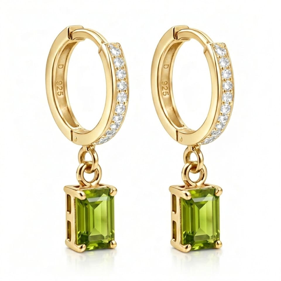 Green Peridot Drop Hoop Earrings, Emerald Cut Gemstone Huggie Earrings in Gold Plated Silver