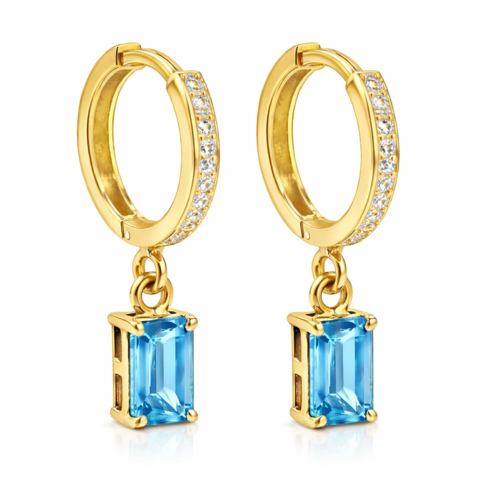 14K Gold Plated Swiss Blue Topaz Drop Hoop Earrings, Blue Gemstone Huggie Earrings for Women