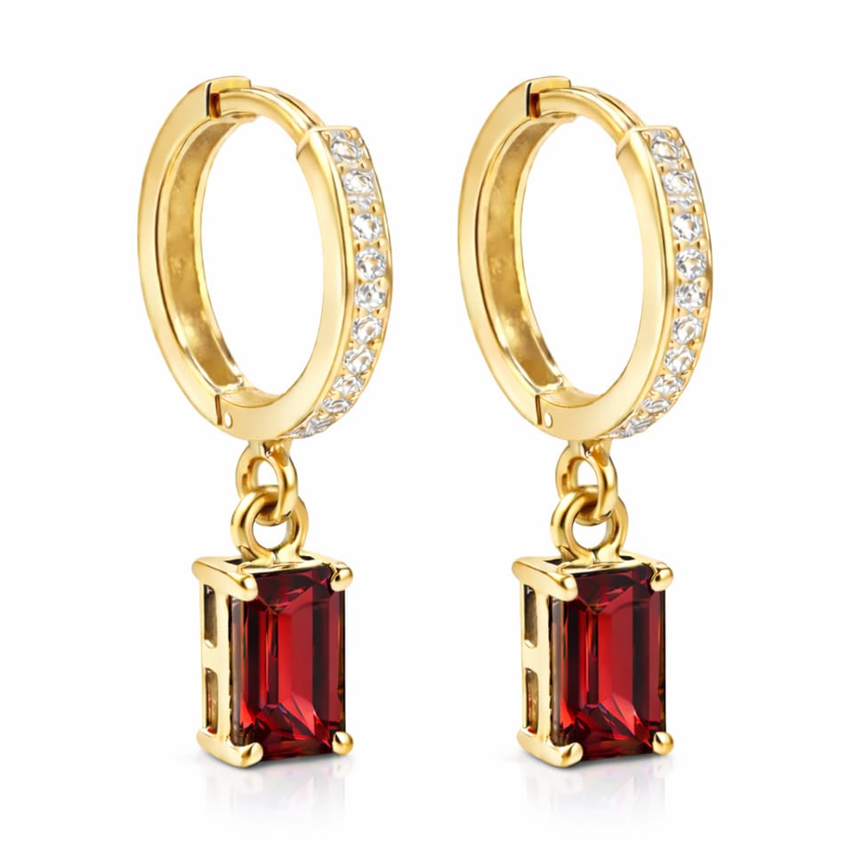 Garnet Drop Hoop Earrings for Women 14K Gold Plated 925 Sterling Silver, Emerald Cut Red Gemstone Dangle Huggie Earrings with CZ Accents
