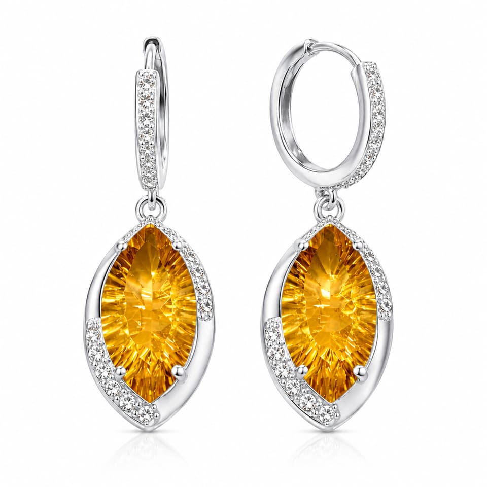 Citrine Huggie Hoop Earrings for Women 925 Sterling Silver, Marquise Cut Yellow Gemstone Drop Jewellery