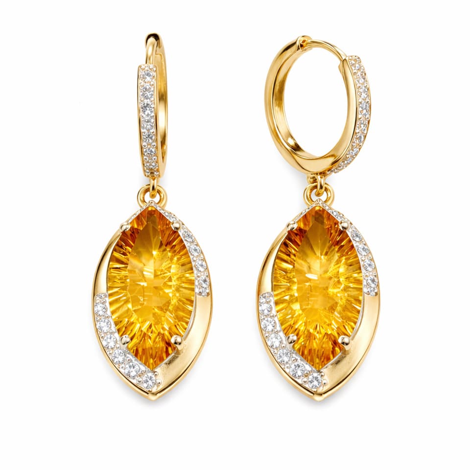 Marquise Citrine Drop Hoop Earrings for Women, 14K Gold Plated 925 Sterling Silver Huggie Earrings with Zirconia