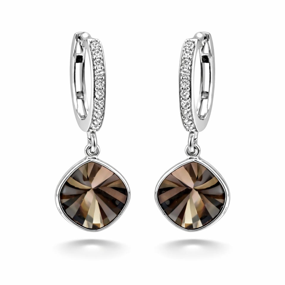Handmade Smoky Quartz Drop Hoop Earrings, 925 Sterling Silver Brown Crystal Statement Jewellery