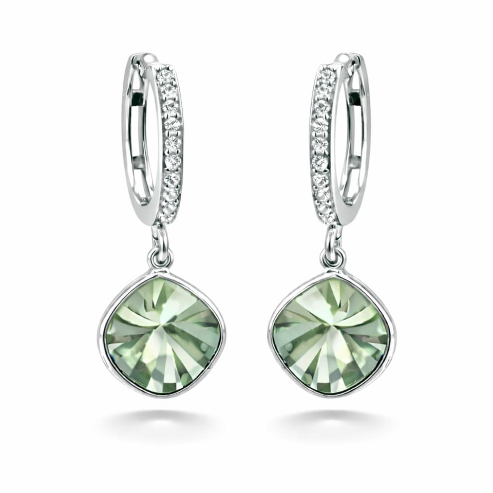 Green Amethyst Huggie Hoop Earrings for Women, Fantasy Cut Light Green Gemstone Drop Earrings in Sterling Silver