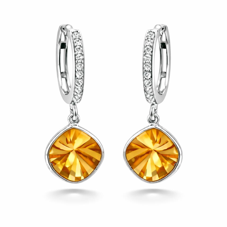 Handmade Citrine Drop Earrings, Sterling Silver Bezel Huggie Hoops with Cushion Fantasy Cut Gemstone