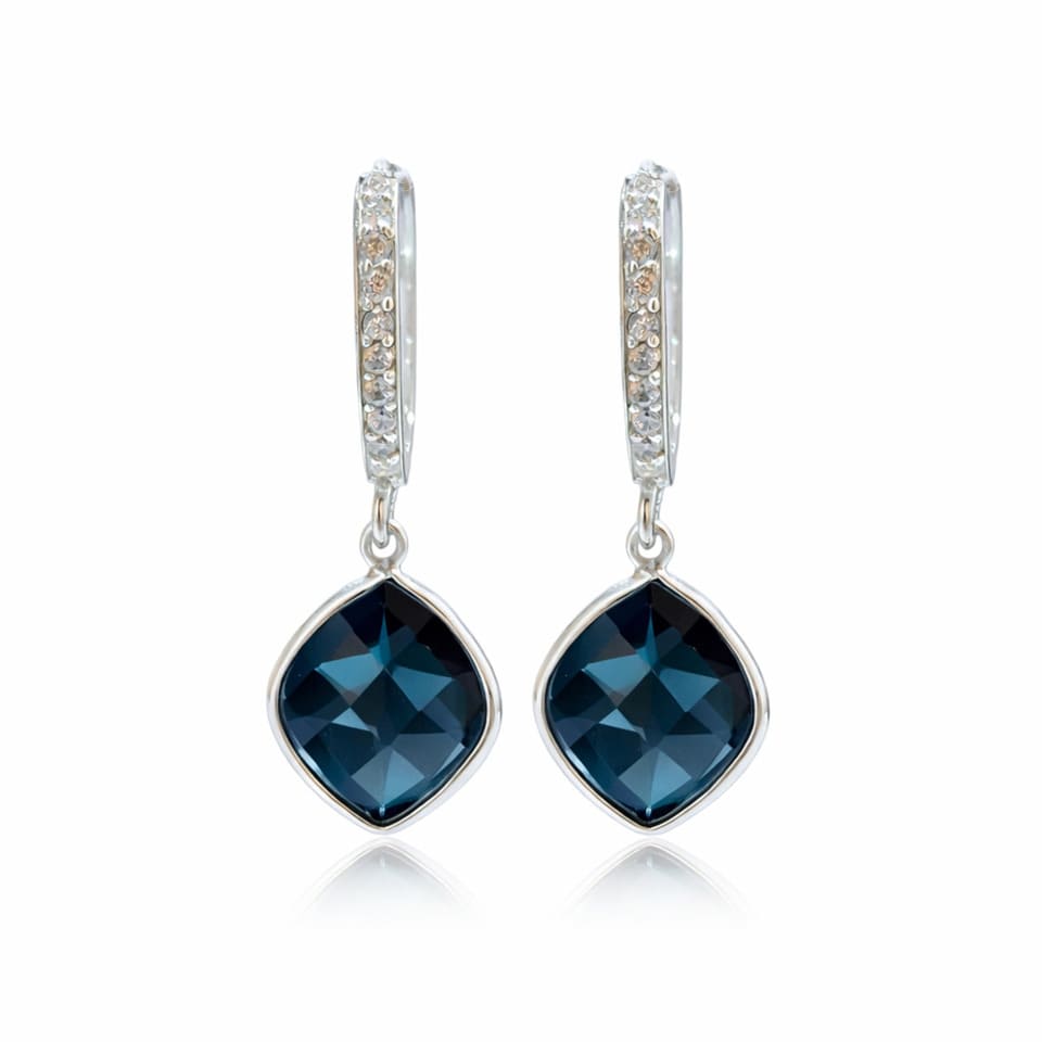 925 Sterling Silver London Blue Topaz Earrings for Women, Elegant Gemstone Huggie Hoops