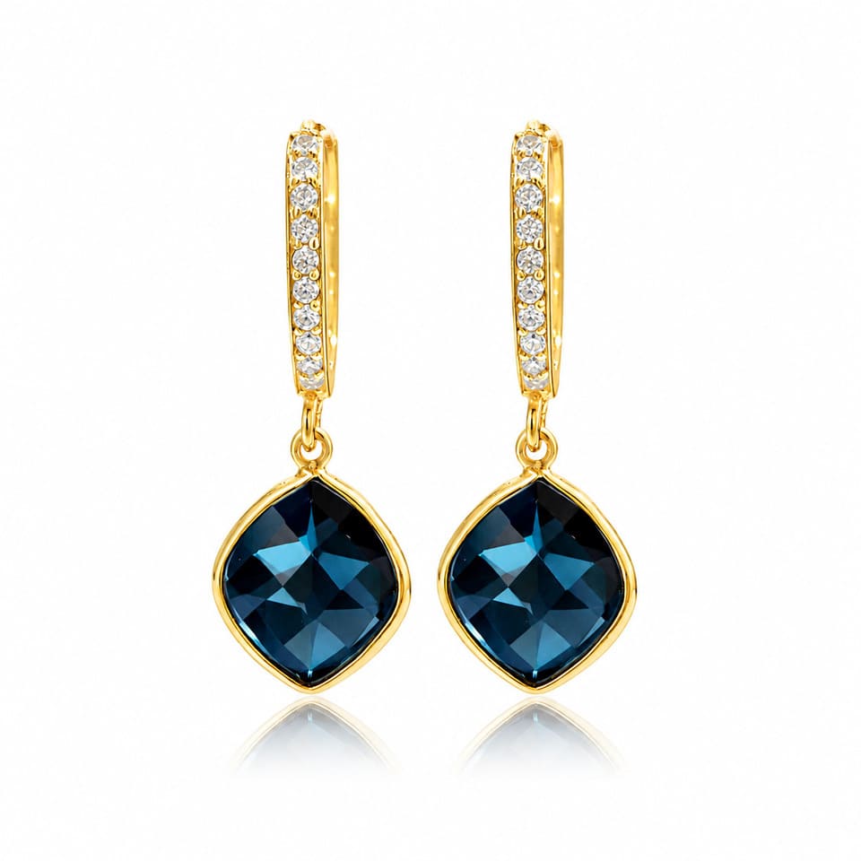 Luxury London Blue Topaz Drop Earrings, Gold Vermeil 925 Sterling Silver Huggie Hoops with CZ